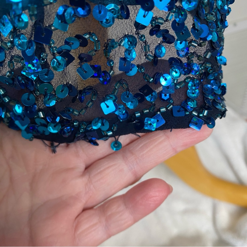 Vintage Women's Scala Blue Beaded Cap Sleeve Sheath Dress Size 14 Party Glam - Picture 13 of 16